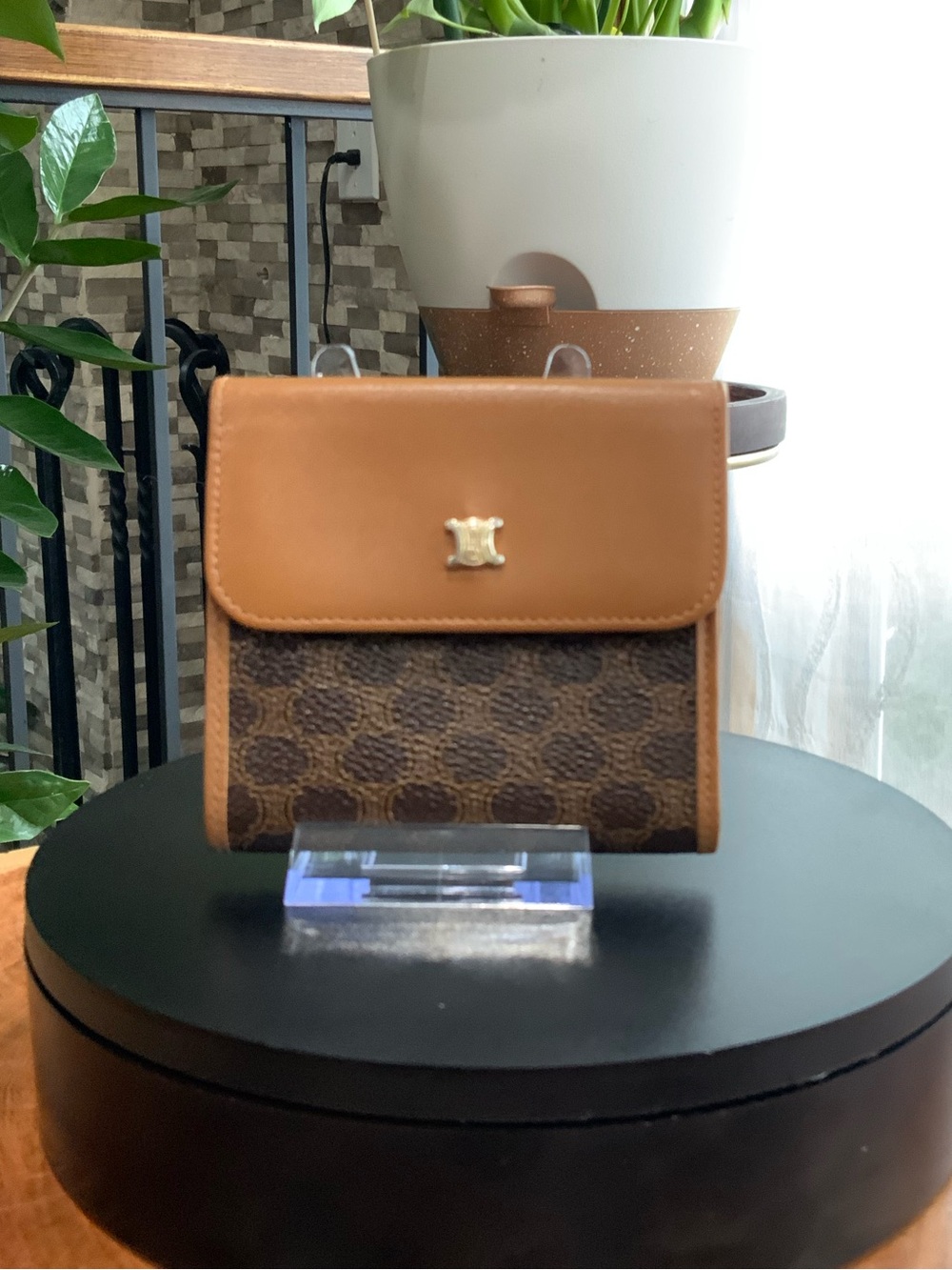Vintage Céline Macadam Tri-Fold Wallet / Compact Wallet Brown PVC & Tan Leather - Picture 3 of 10